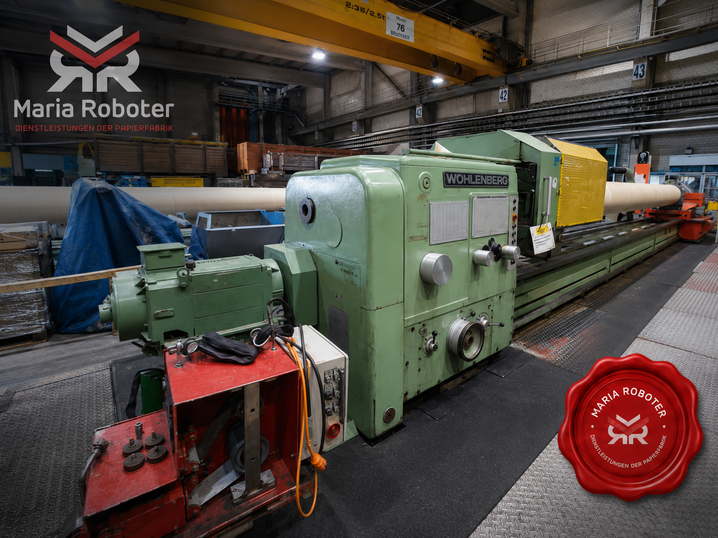 Used WOHLENBERG V1250 heavy-duty roll lathe, year 1980, 8,000 mm working length